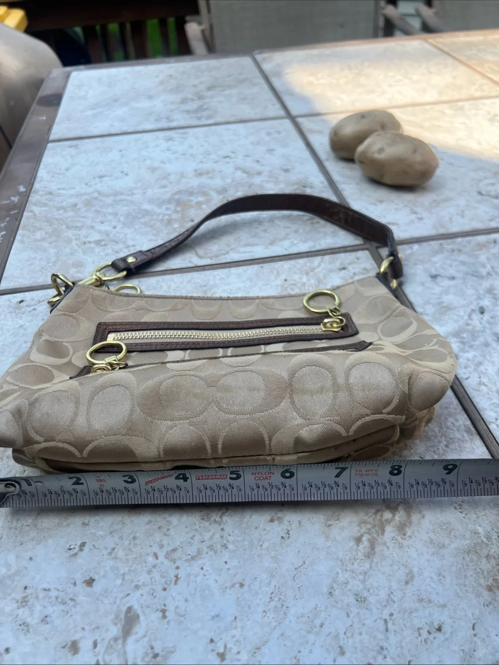 Coach Beige and Brown Signature Mini Shoulder Bag with Gold Hardware